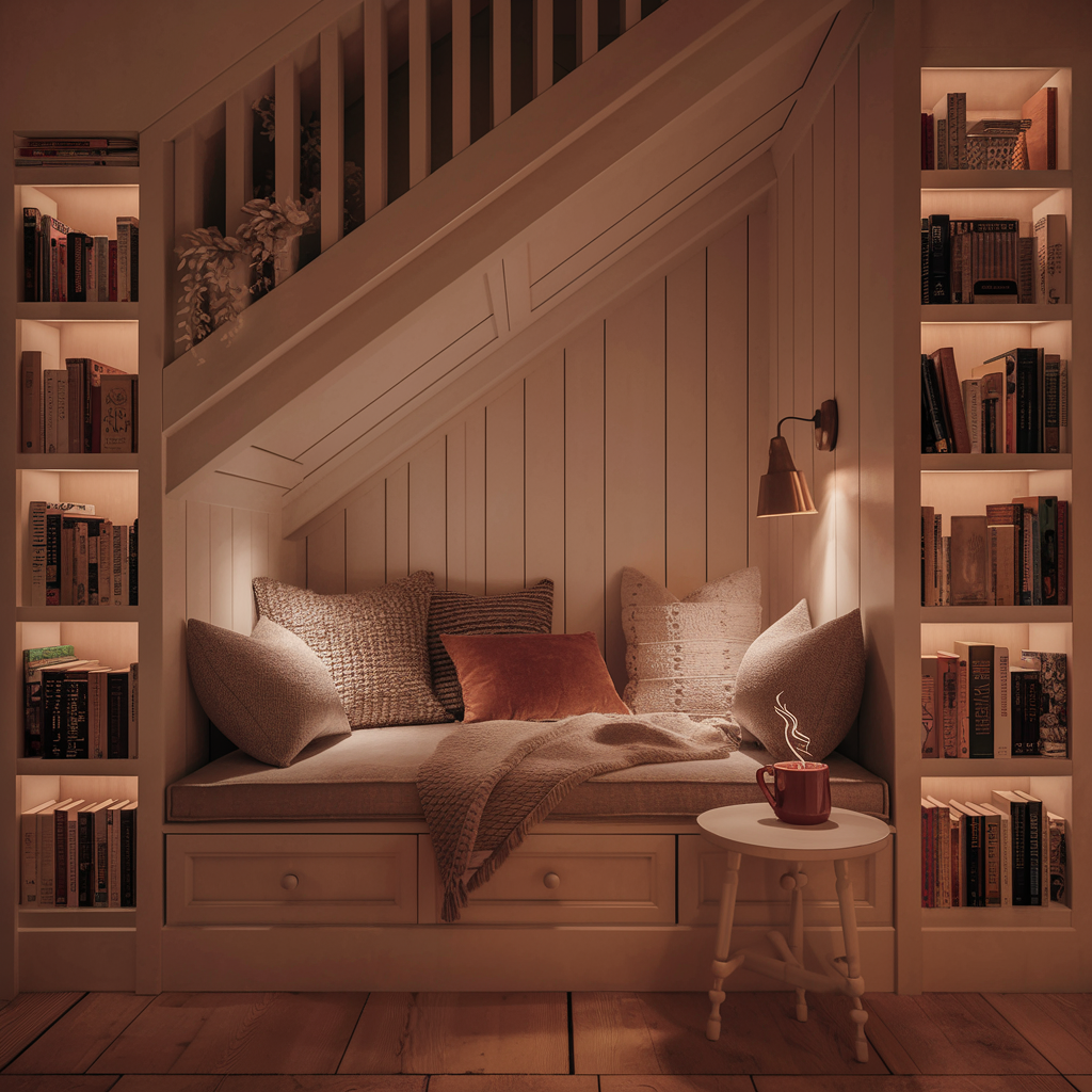 under-stairs decor- cozy reading nook