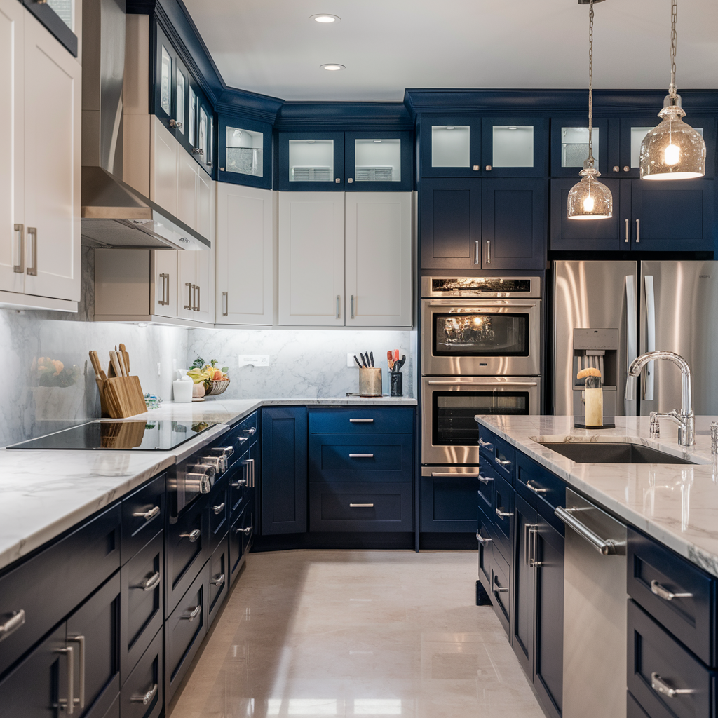 Classic White and Navy Blue- two tone kitchen cabinet idea