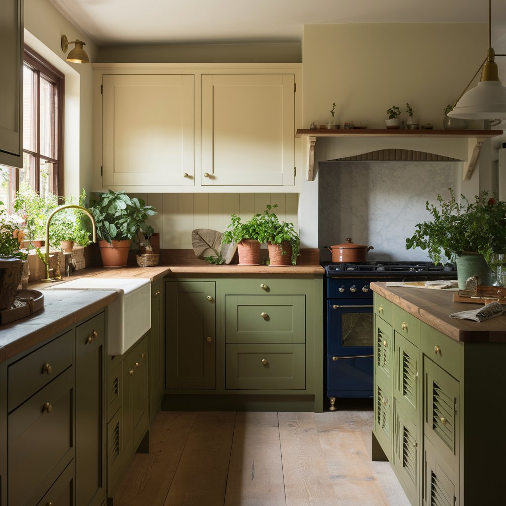 olive green and cream two tone kitchen cabinet