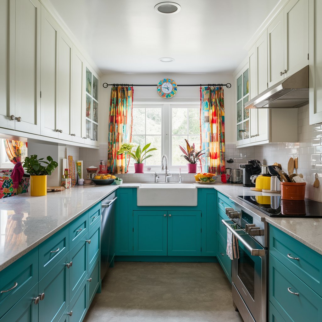 turquoise and white -two tone kitchen cabinet idea