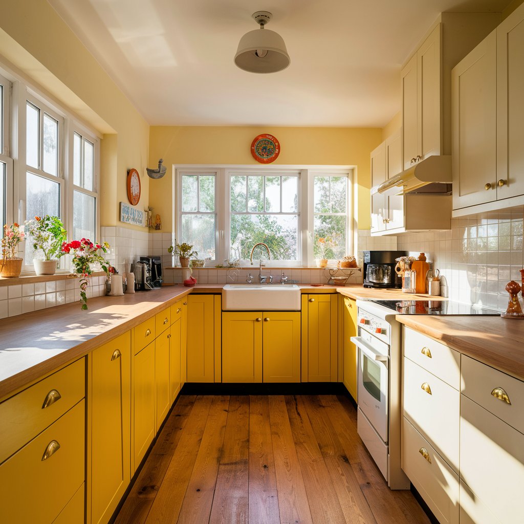 Mustard Yellow and White - two tone kitchen cabinet