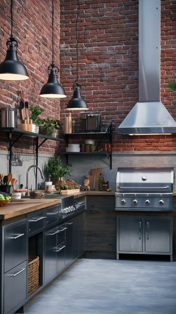 Industrial-Chic Brick and Metal Kitchen - outdoor kitchen ideas