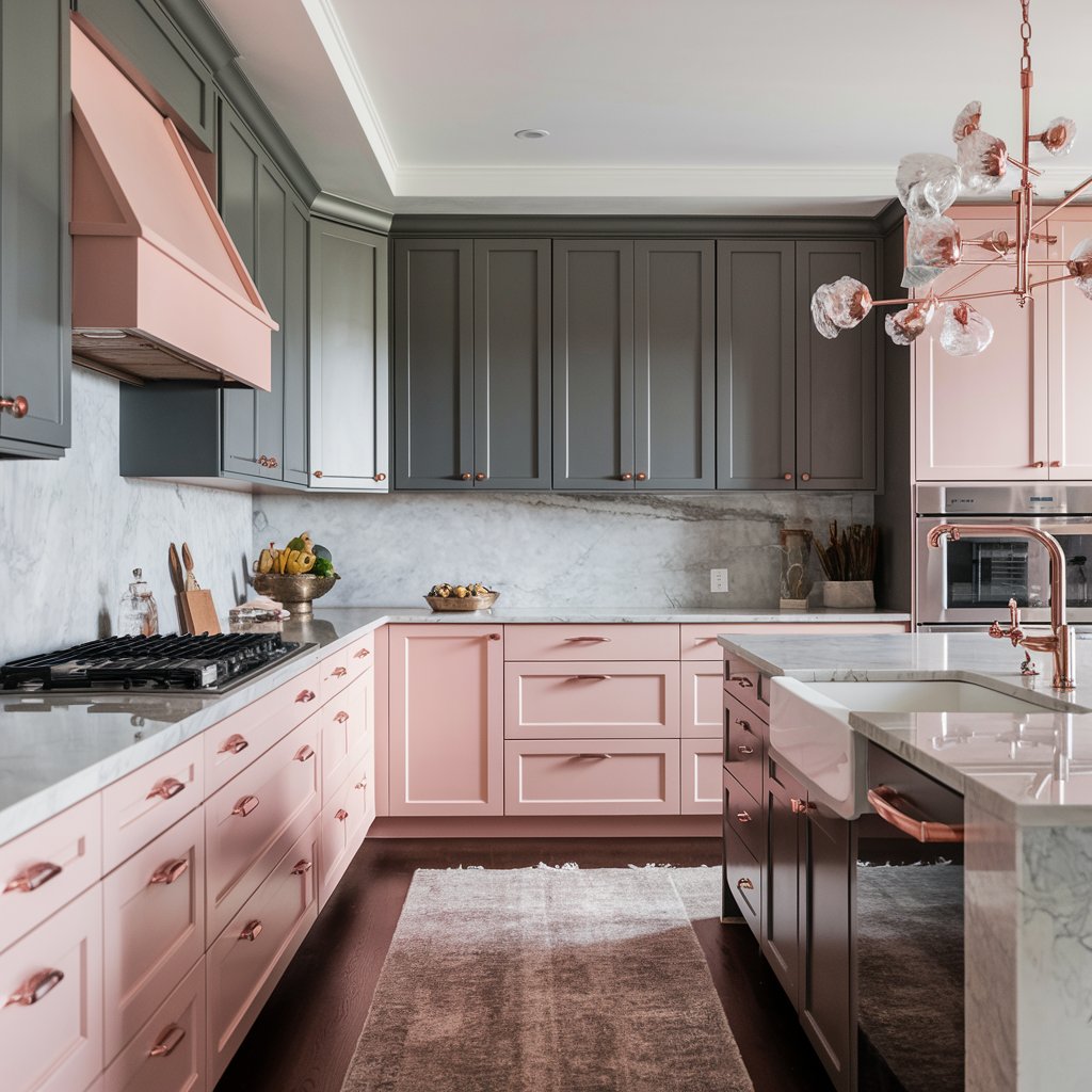 blush pink and grey - two tone kitchen cabinet