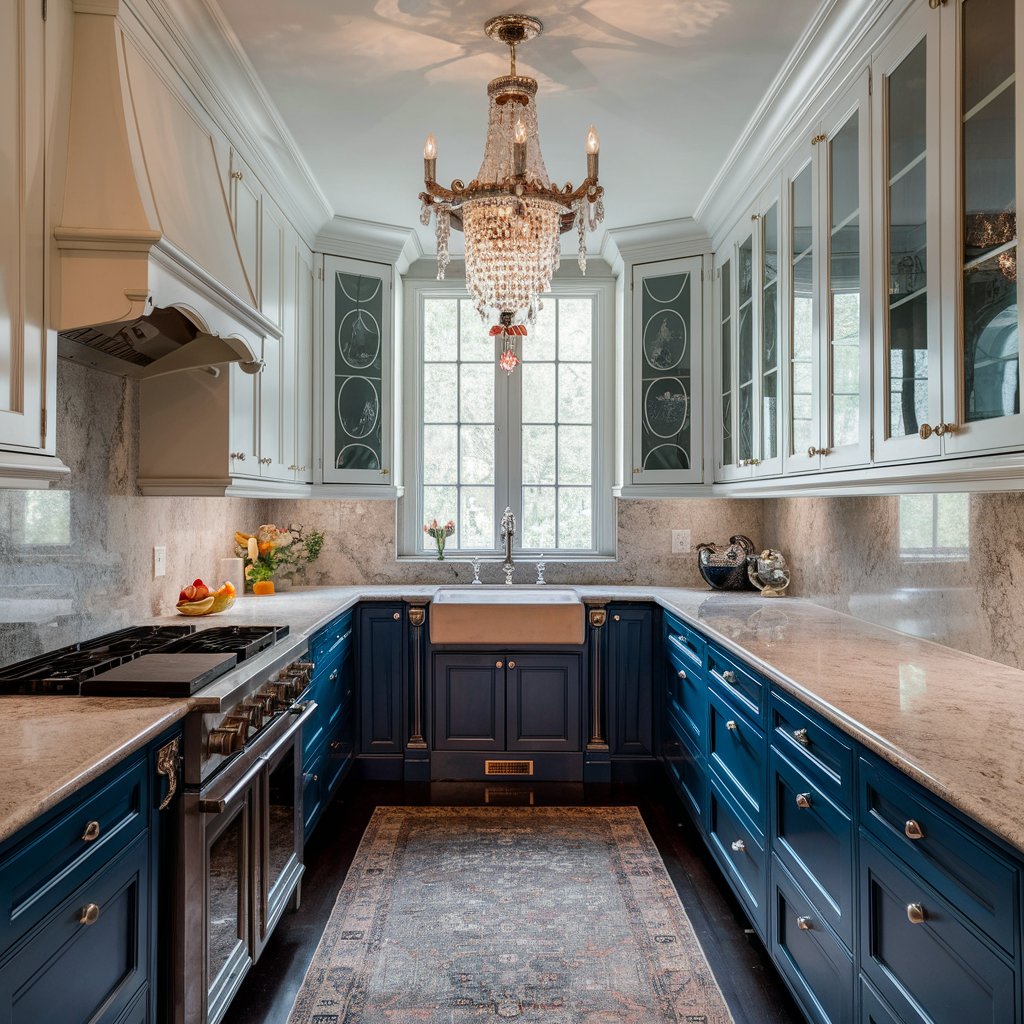  two tone kitchen cabinet idea - royal blue and white