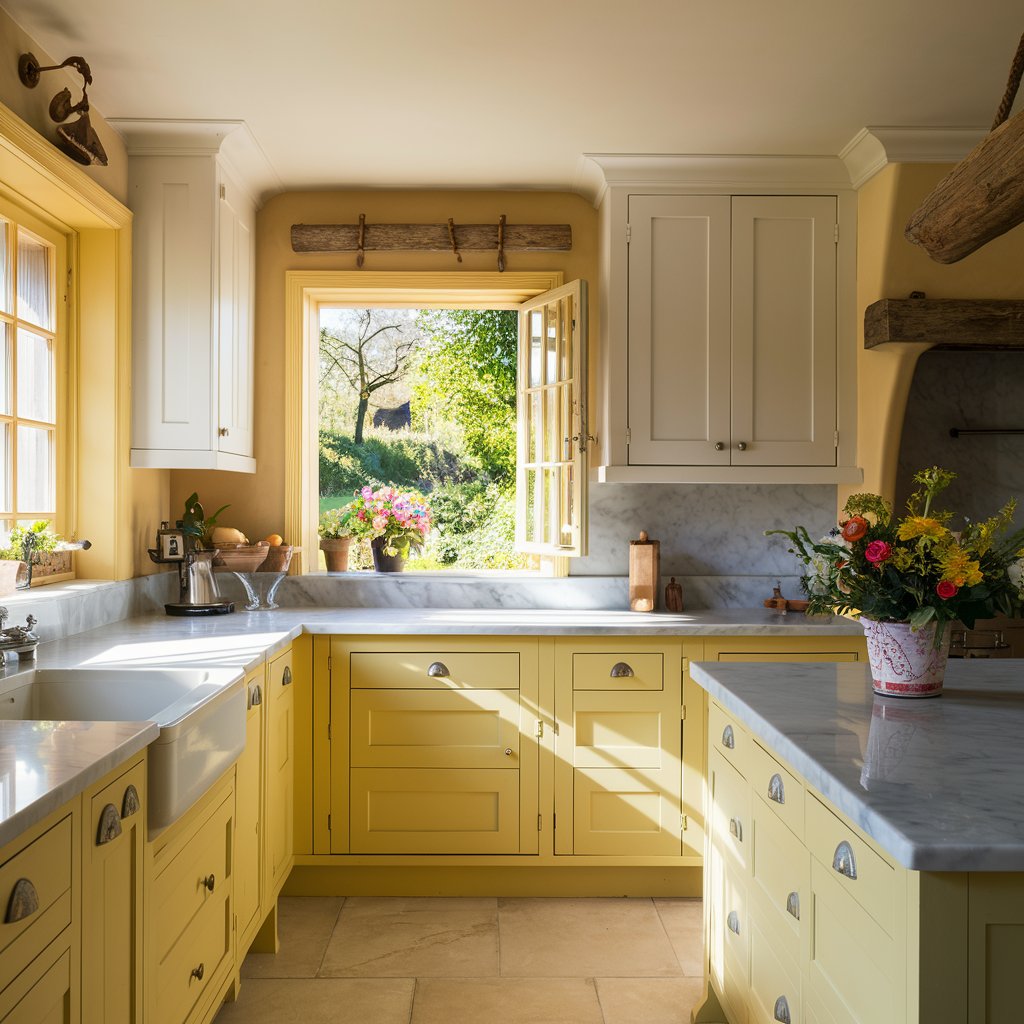 soft yellow and white -  two tone kitchen cabinet idea