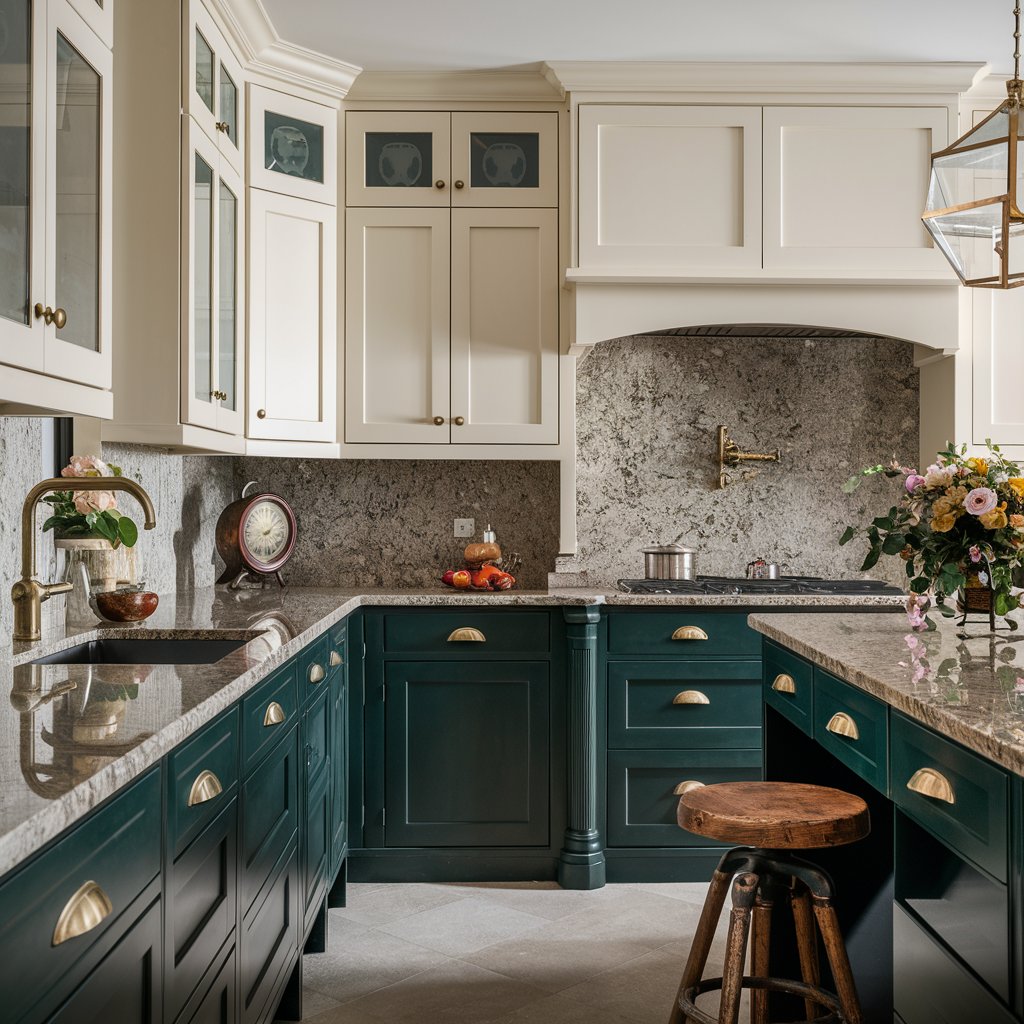 dark green and cream - two tone kitchen cabinet