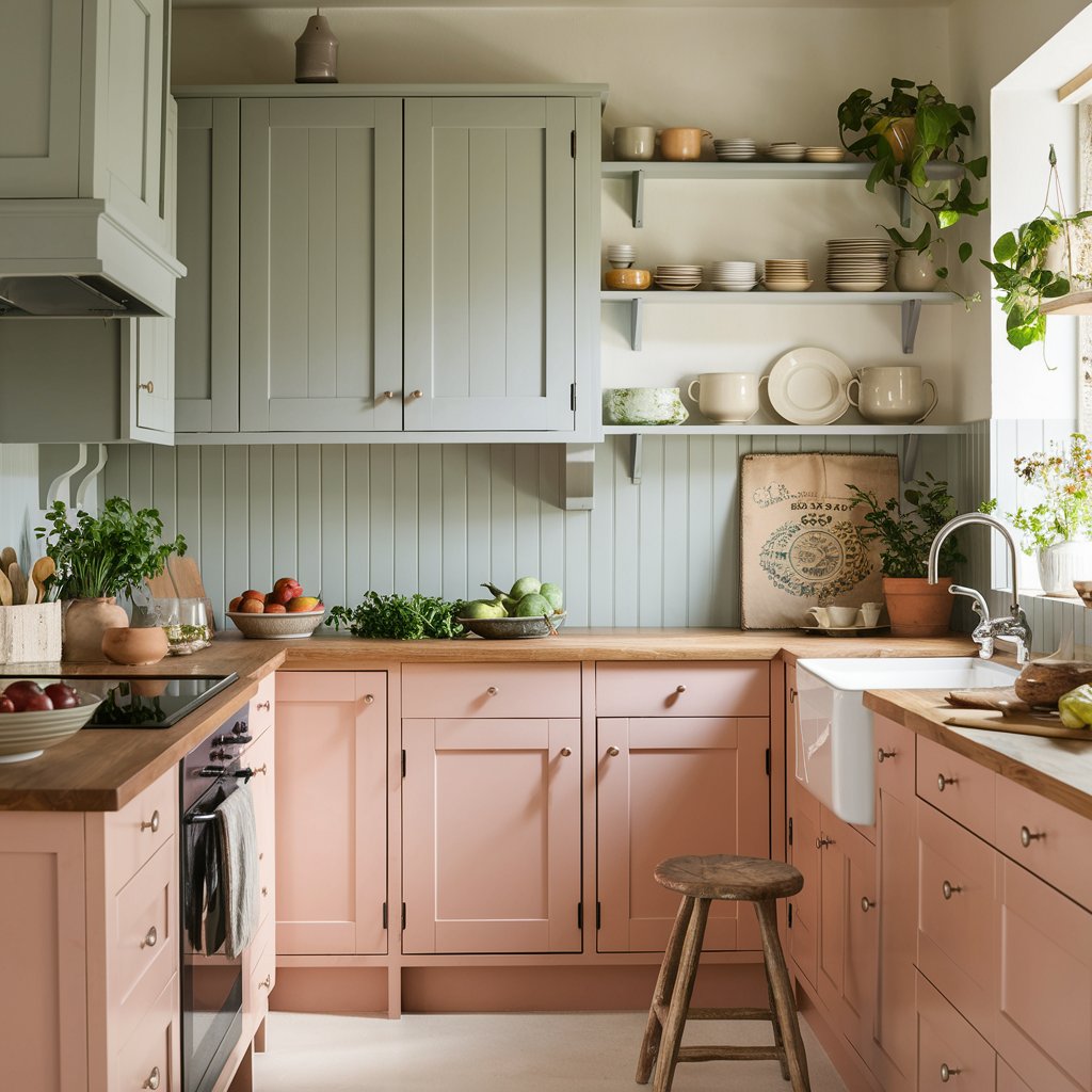 Soft Grey and Pastel Pink - two tone kitchen cabinet idea