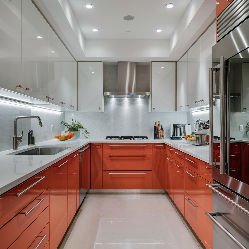 Two-tone kitchen cabinet - bright orange and white