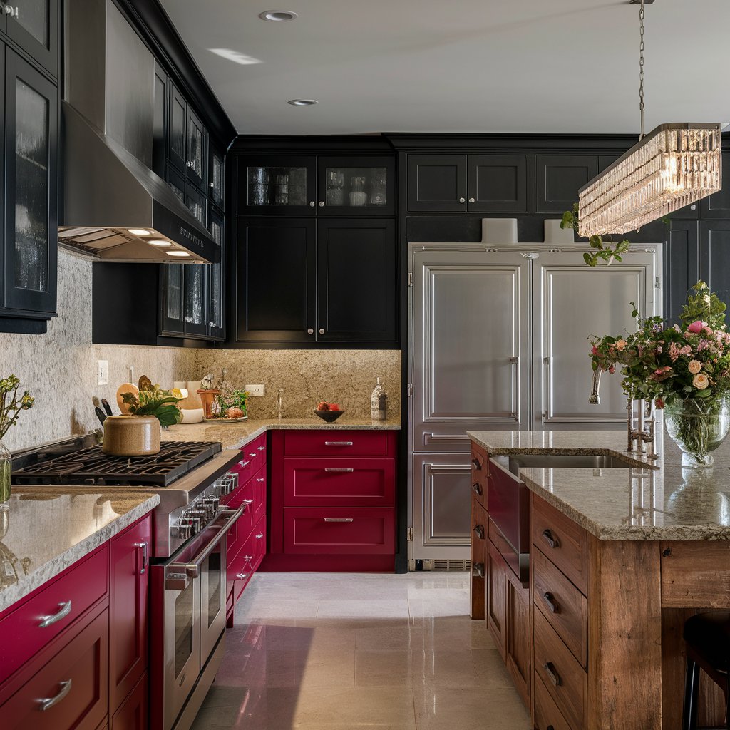 deep red and black - two tone kitchen cabinet